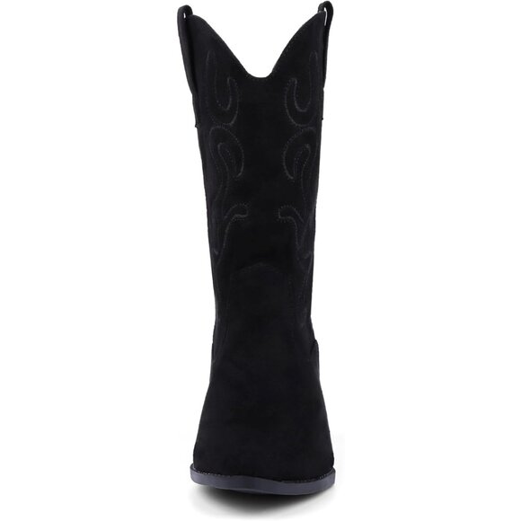 Women Black Suede Mid Calf Chunky Block Heel Western Embroidered Cowgirl Boot - Picture 3 of 7